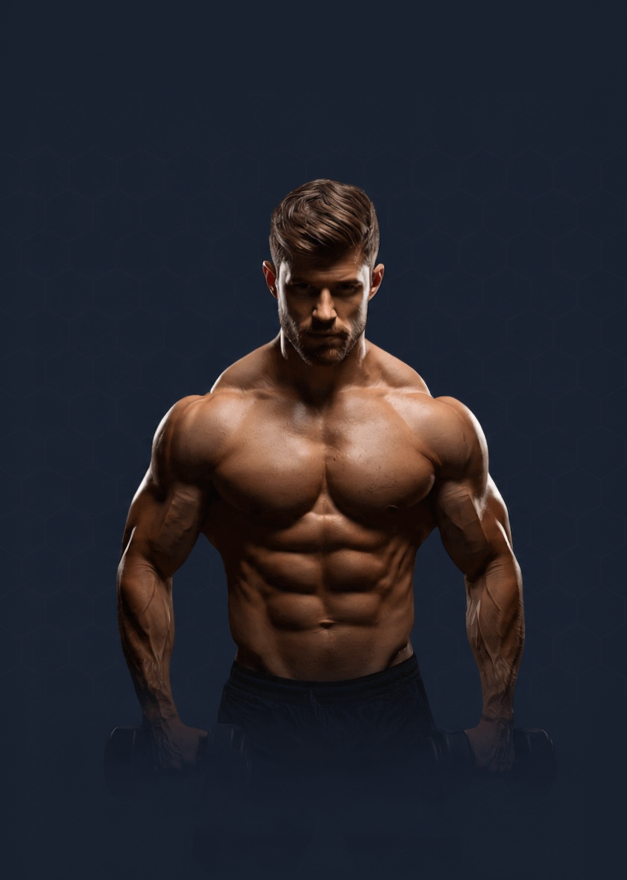 A muscular, shirtless man with defined abs and chest muscles posing against a dark navy blue background.